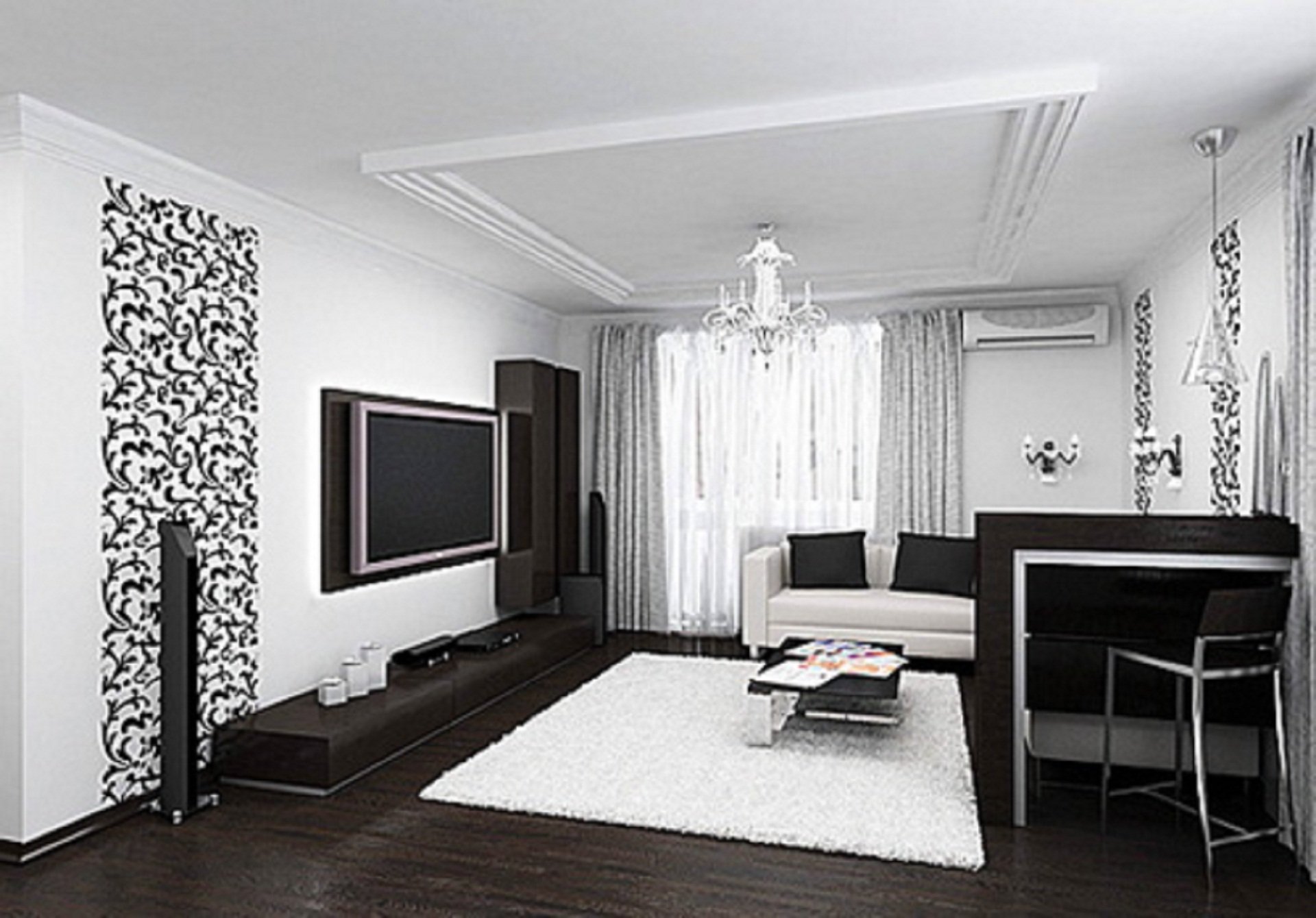Интерьер гостиной и спальной комнат в чёрно-белых тонах.