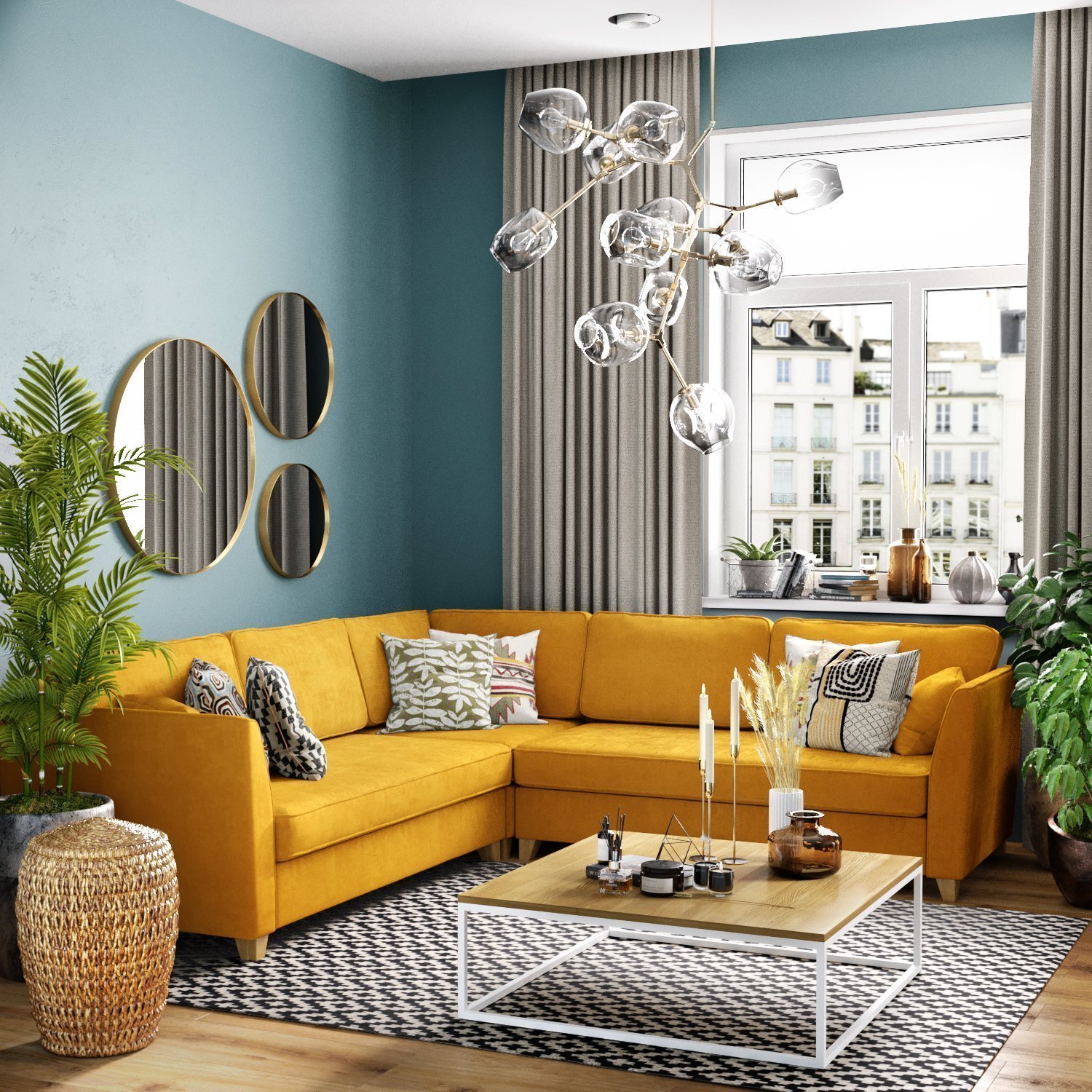 Дизайн зала с желтым диваном - 78 фото
