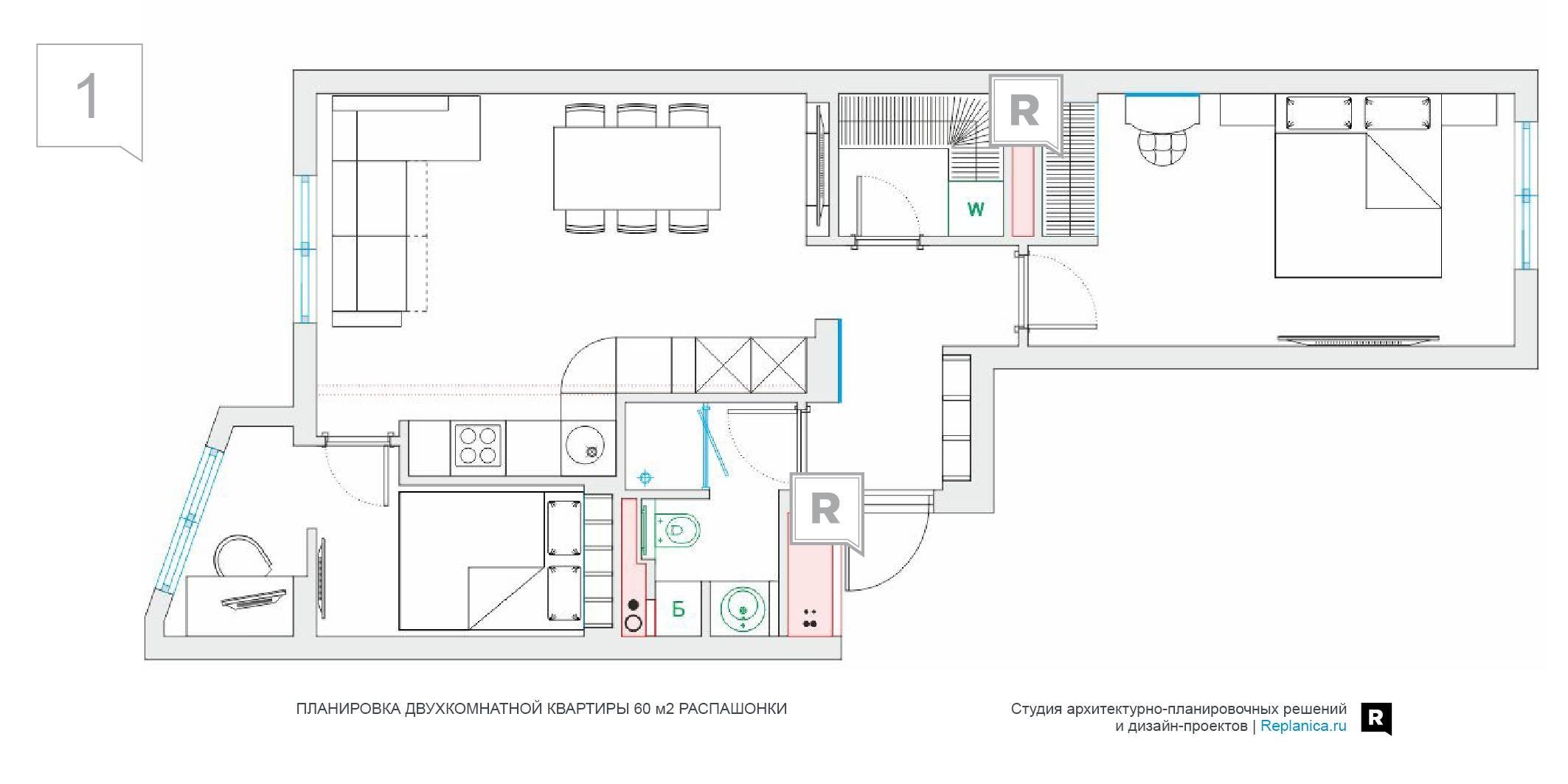 Дизайн двухкомнатной квартиры распашонки - 79 фото