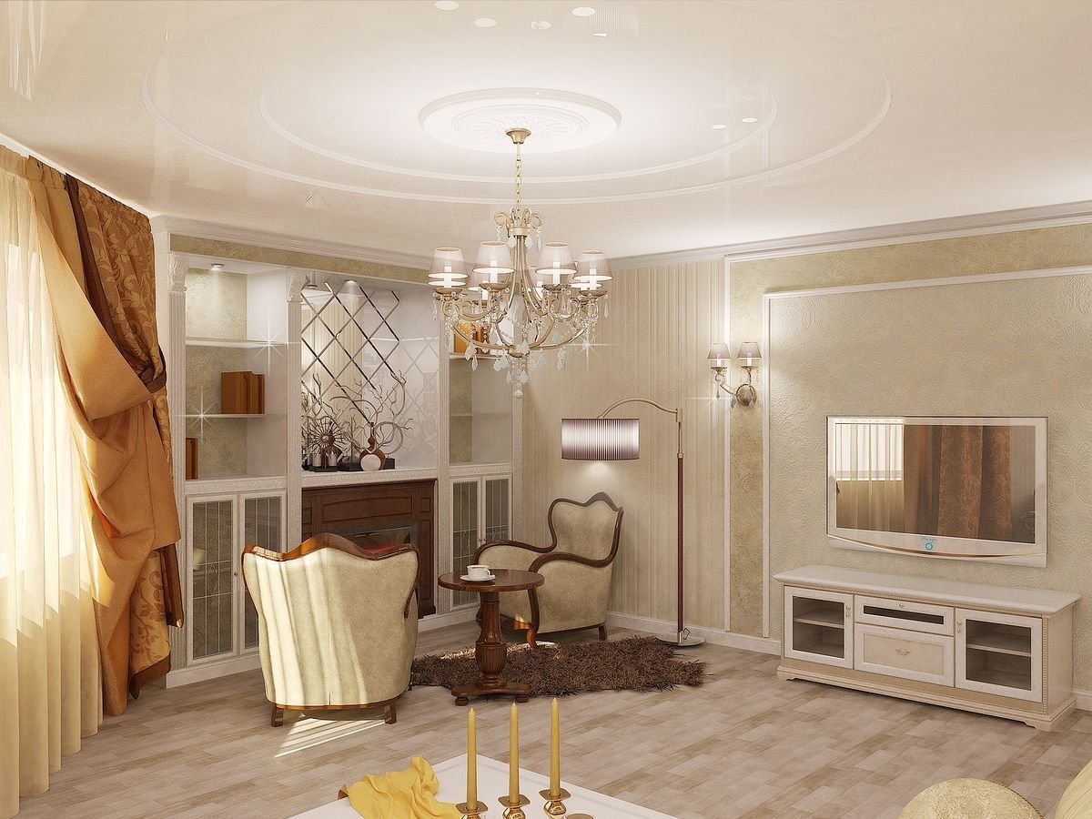 Зал в классическом стиле в светлых тонах