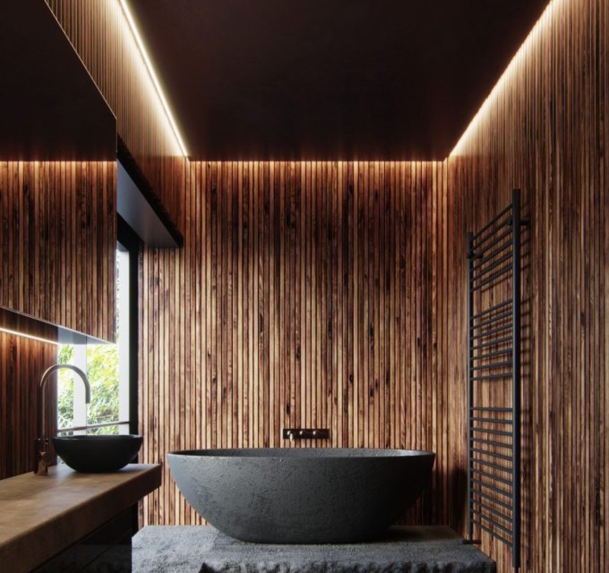 Дерево в интерьере ванной комнаты