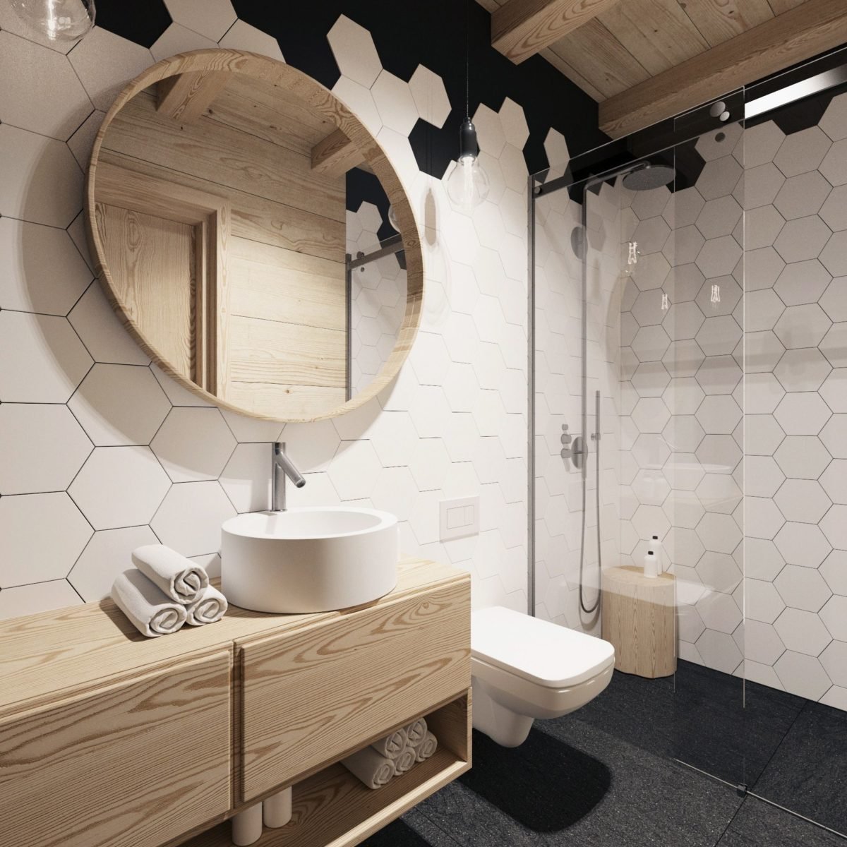 Ванна в стиле дерева и белой плитки