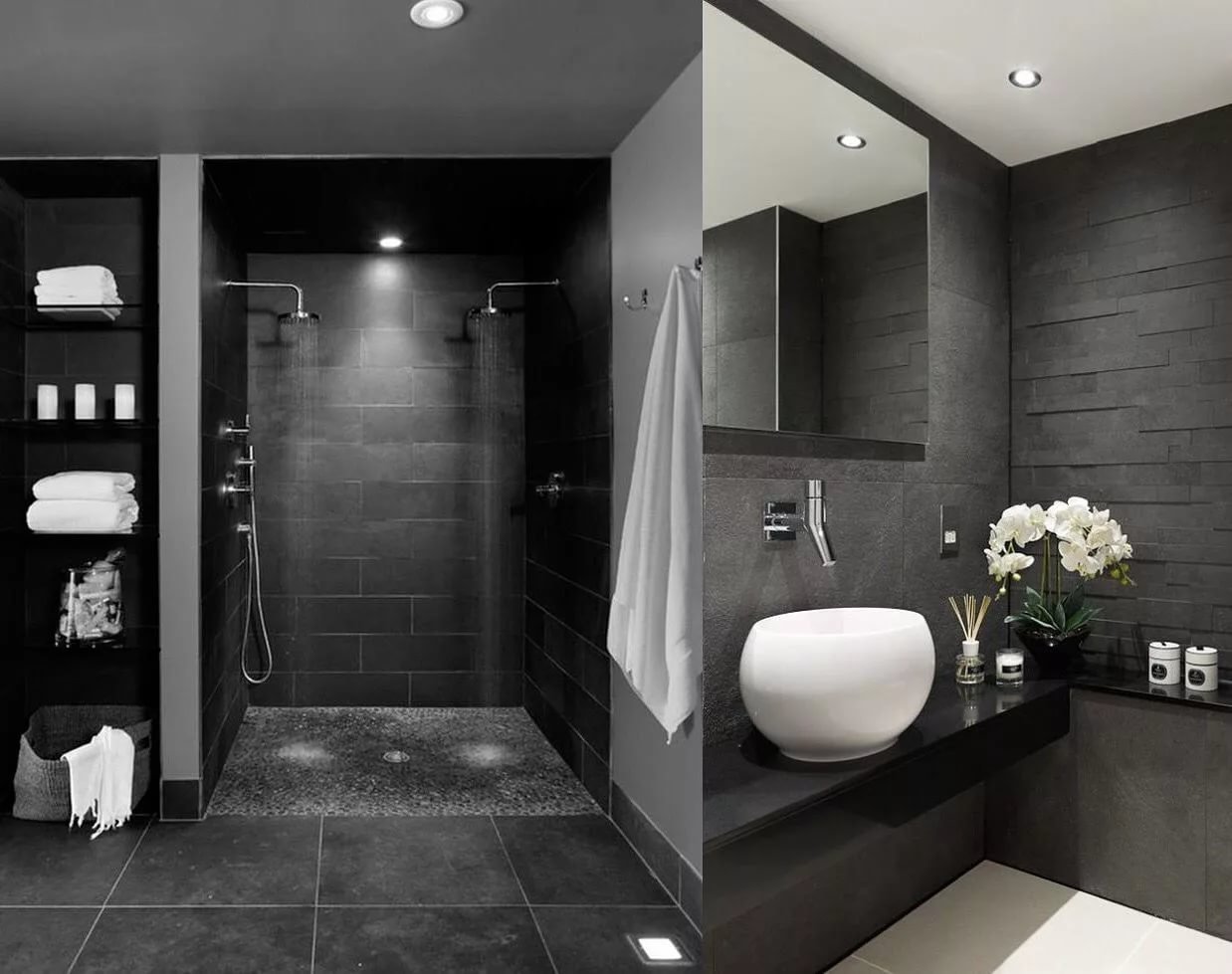 Черно белый цвет в ванной. Стильные Ванные комнаты. Стильные душевые комнаты. Черная ванная комната. Ванная в черном цвете.