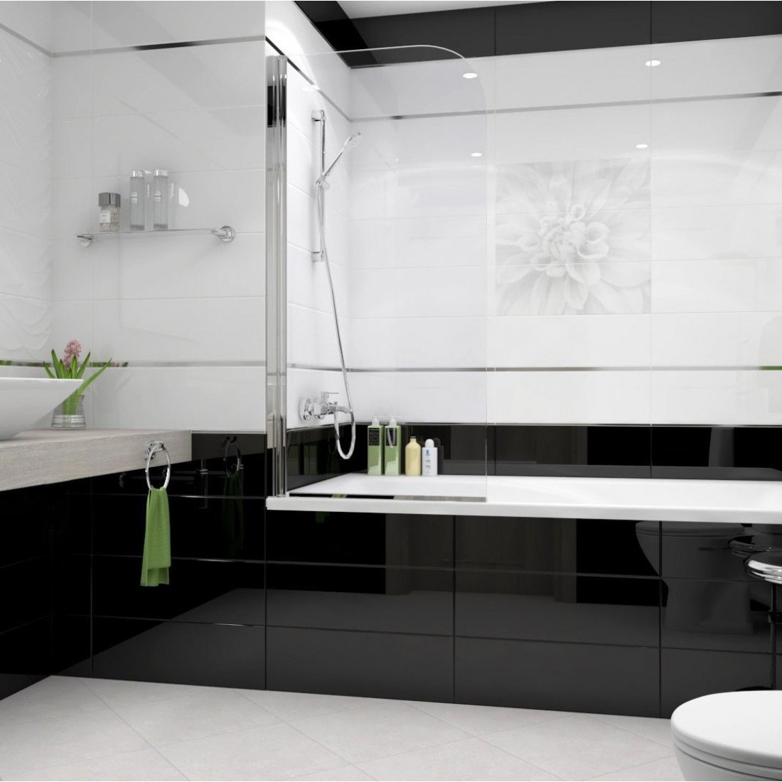 Дизайн ванной комнаты с черной и белой плиткой