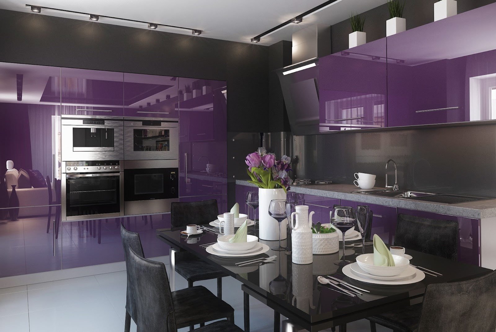 Серый и фиолетовый в интерьере кухни