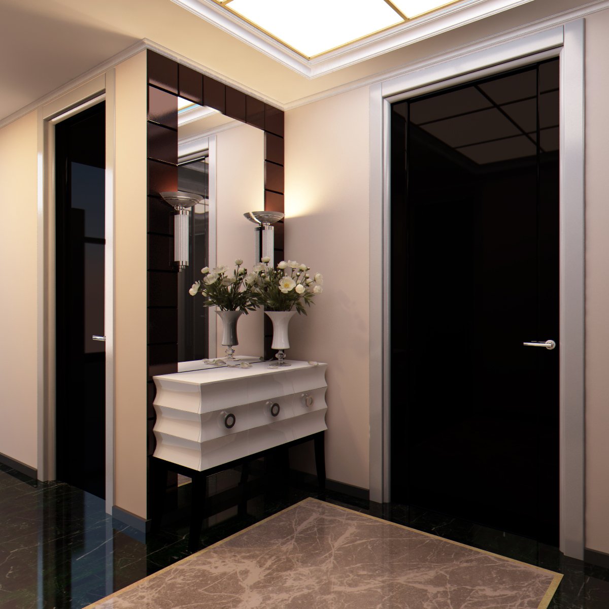 Зеркальная плитка с фацетом в интерьере прихожей классика