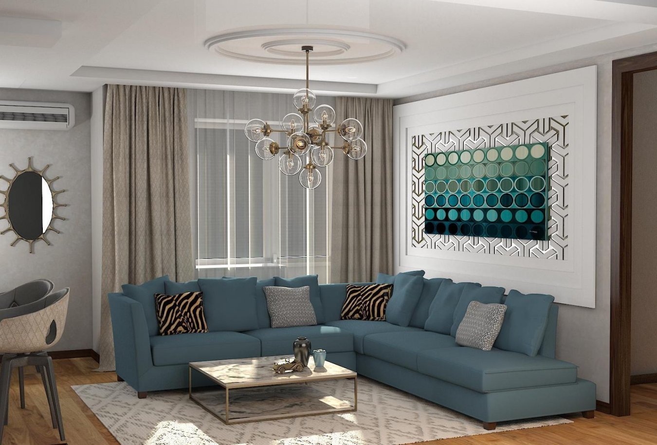 Бирюзовый диван в интерьере гостиной с цветами серого