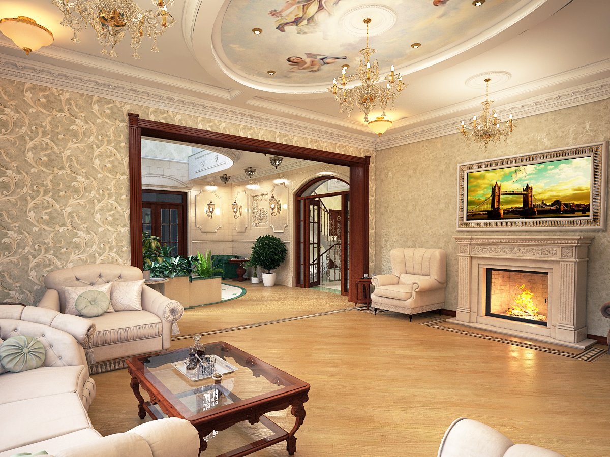 Камин в интерьере гостиной в классическом стиле