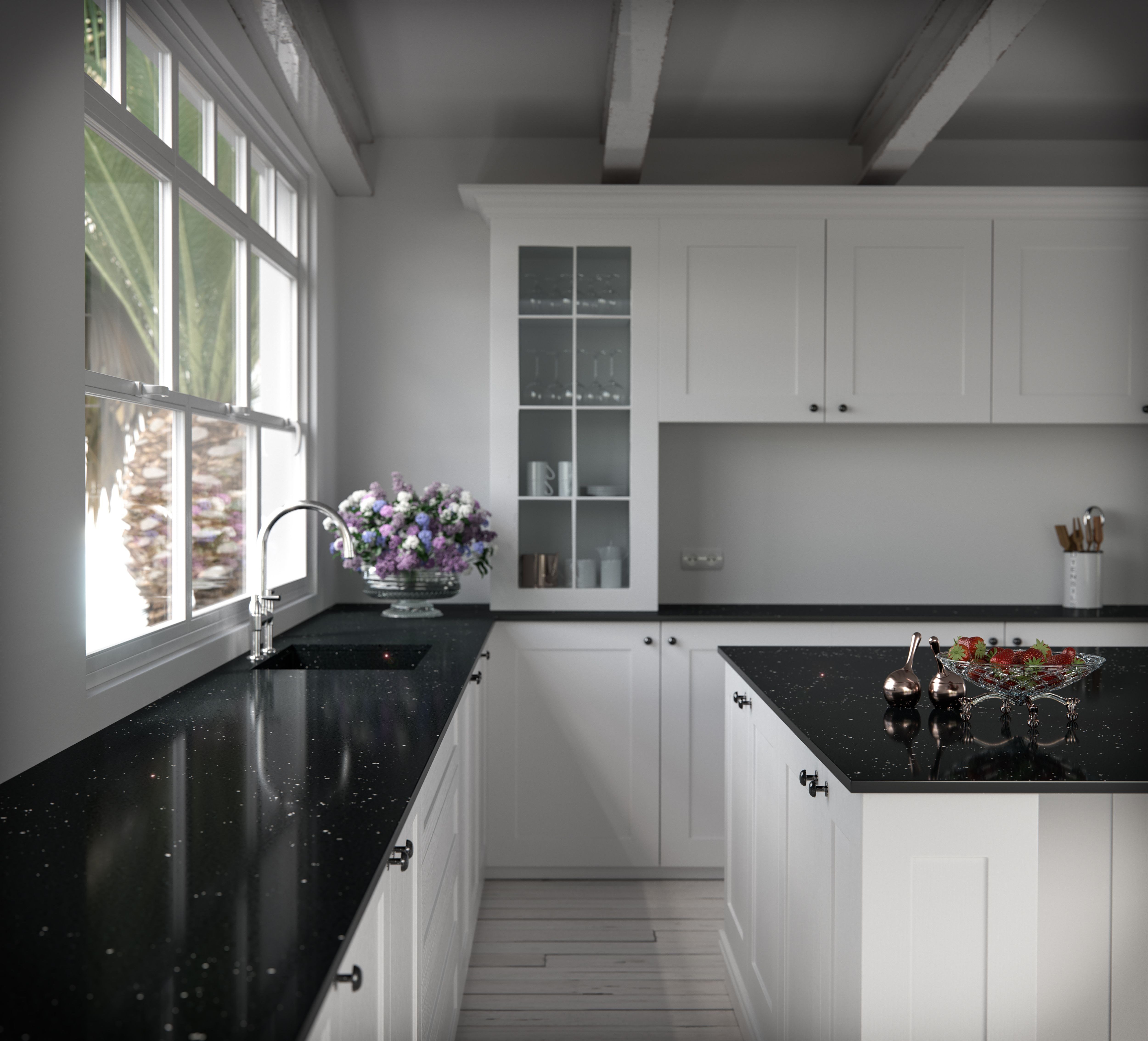 Белая кухня с черной столешницей фото