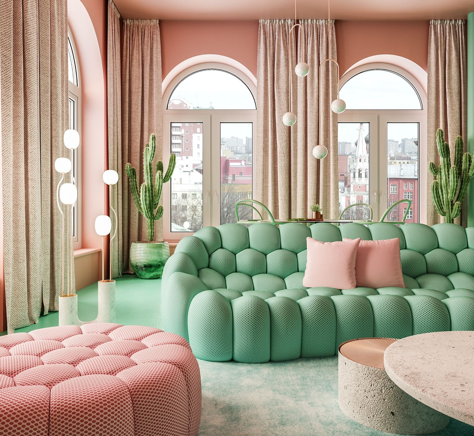 интерьер гостиной в розово зеленом цвете