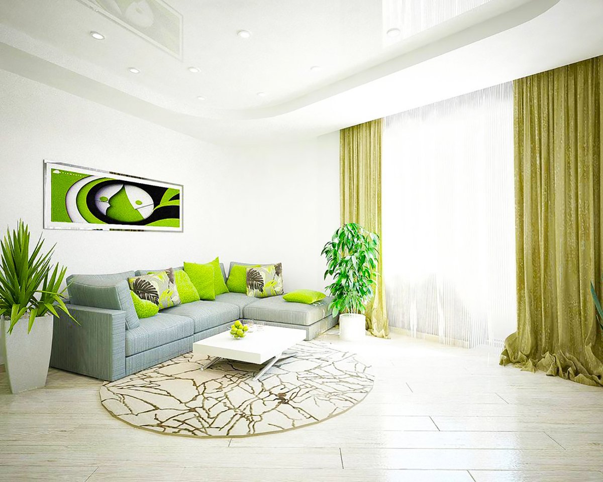 интерьер гостиной в бело зеленых тонах