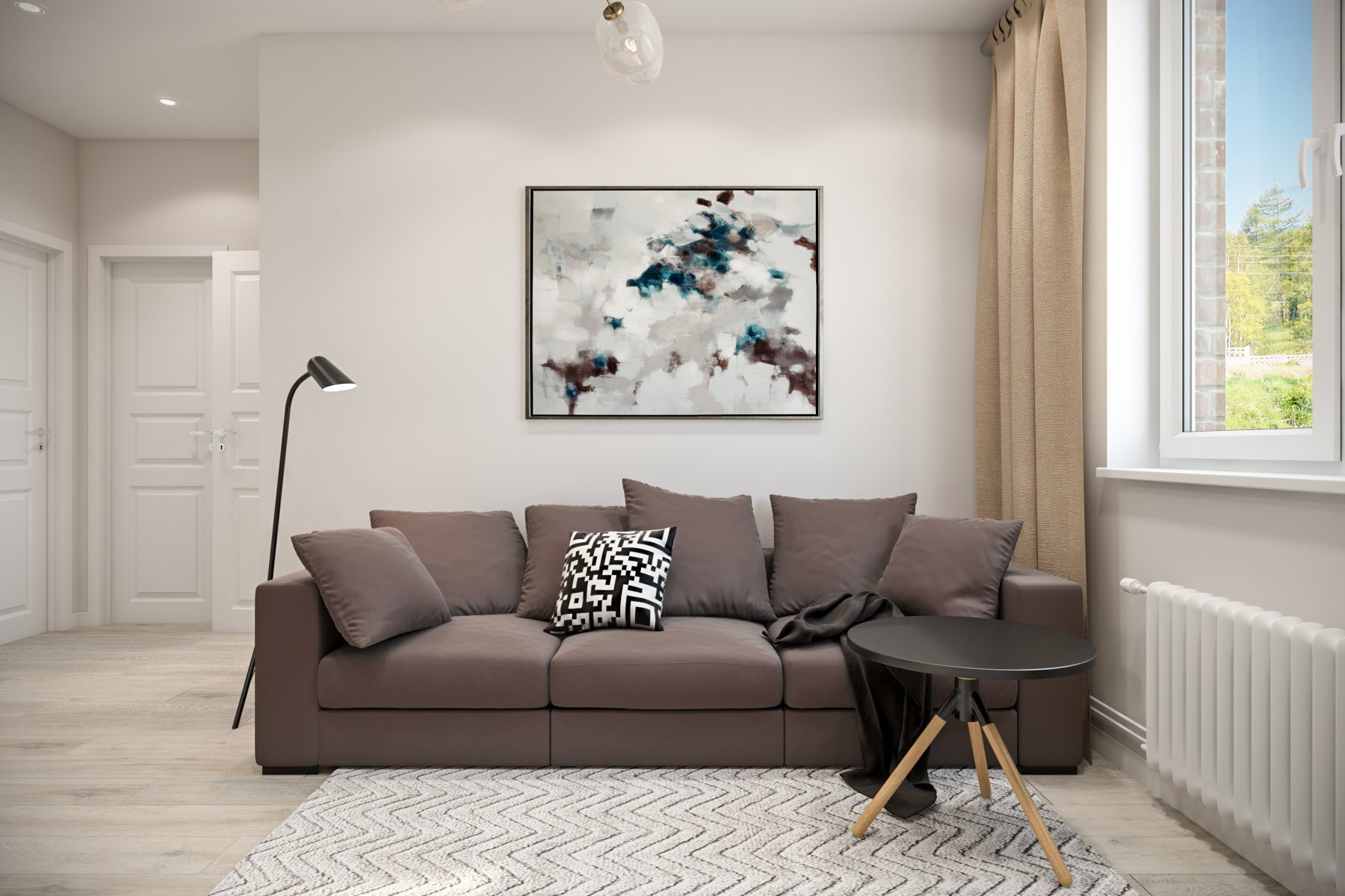 Интерьер зала с коричневым диваном (90 фото)