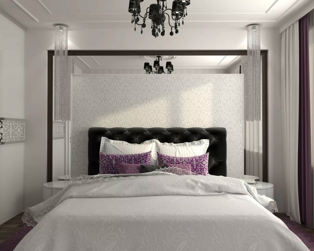 гардеробная за изголовьем кровати в современном стиле