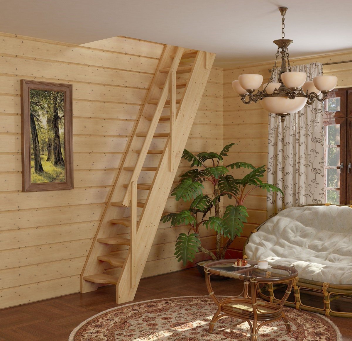 Деревянная лестница в интерьере
