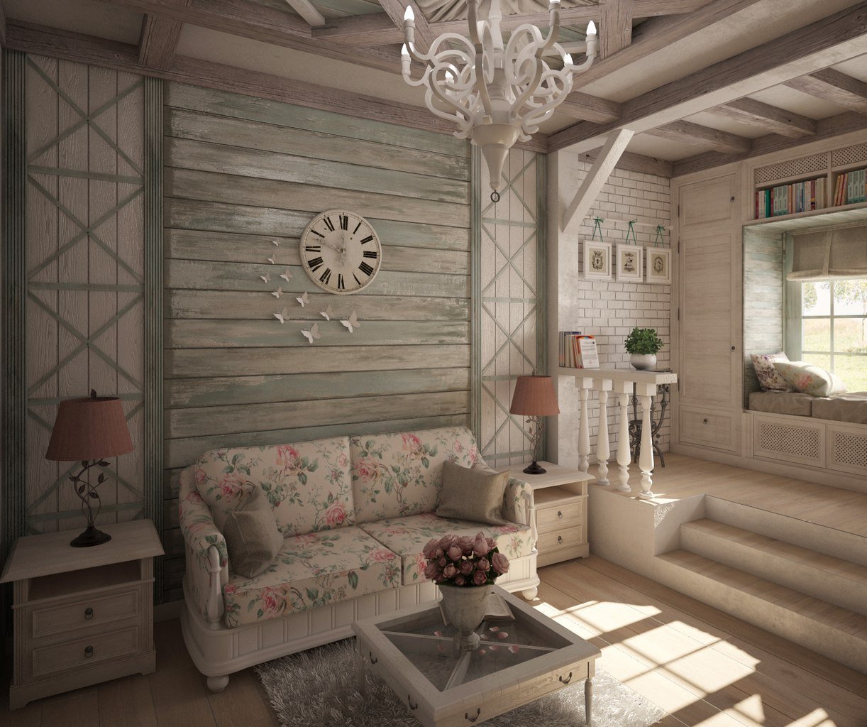 Интерьер гостиной в бревенчатом доме в стиле прованс