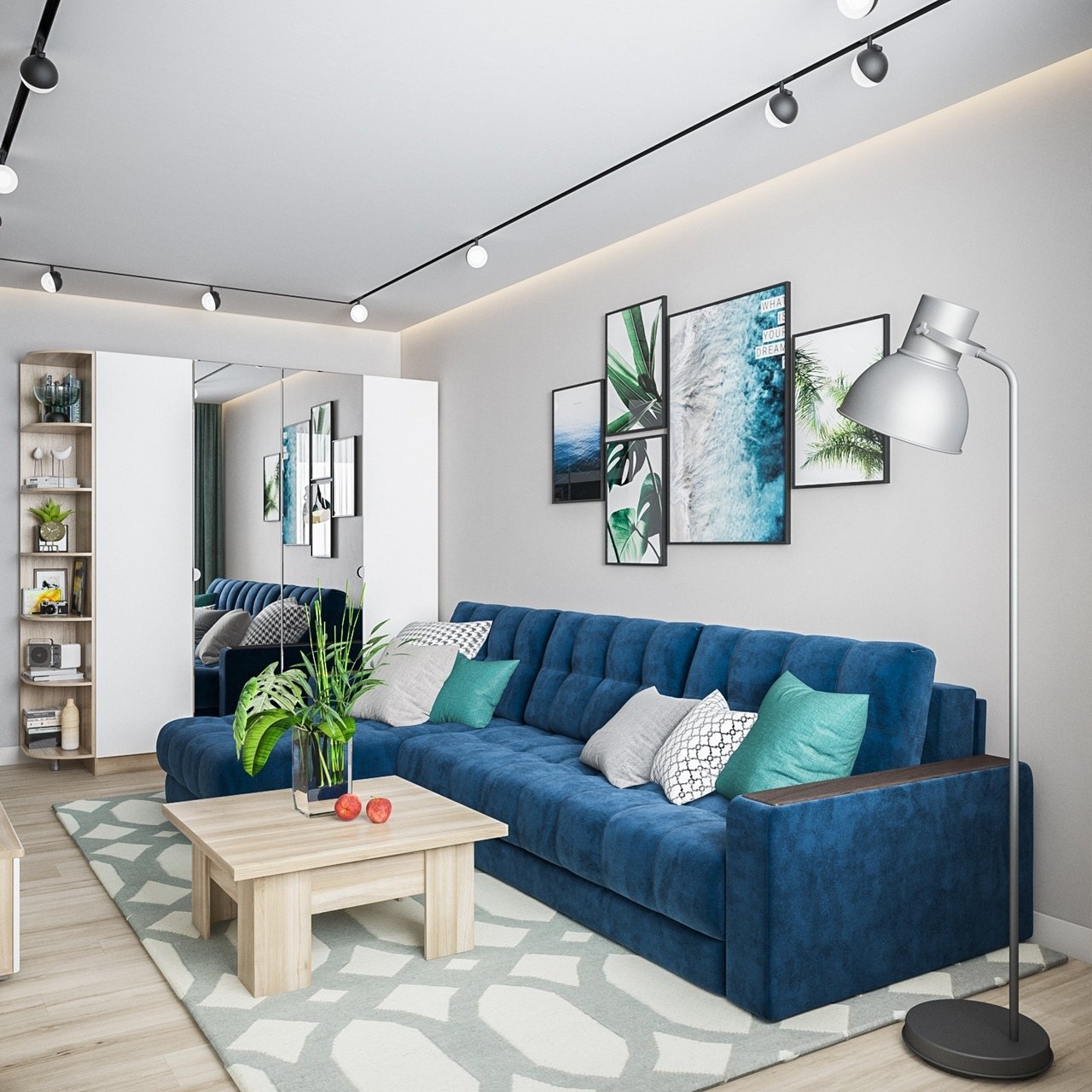 синий диван в интерьере комнаты