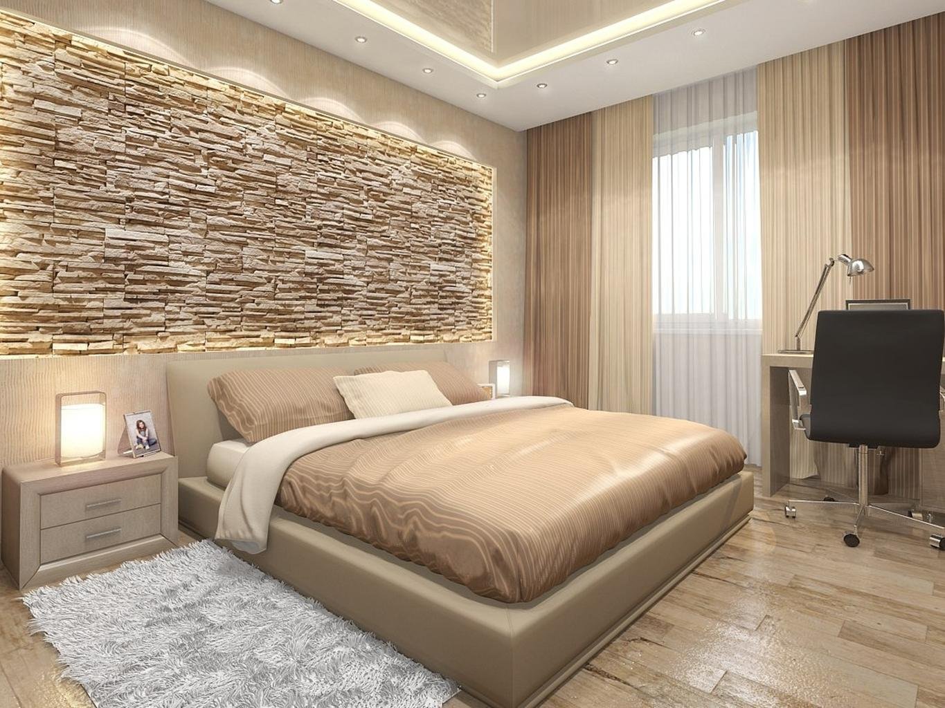 Камень в дизайне спальни