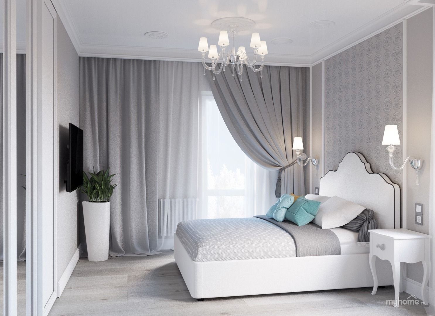 Дизайн спальни со светлыми шторами