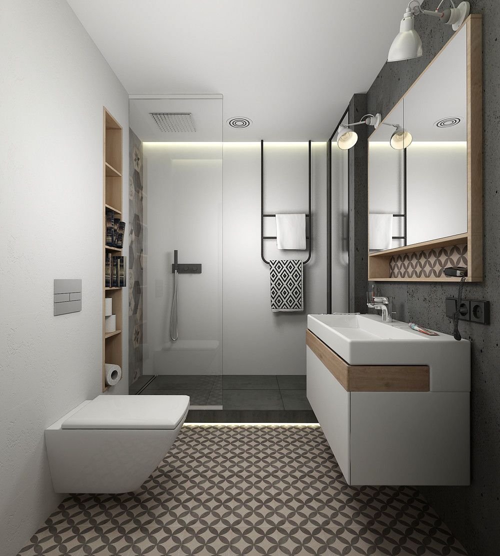 Узкая ванная комната с душевой