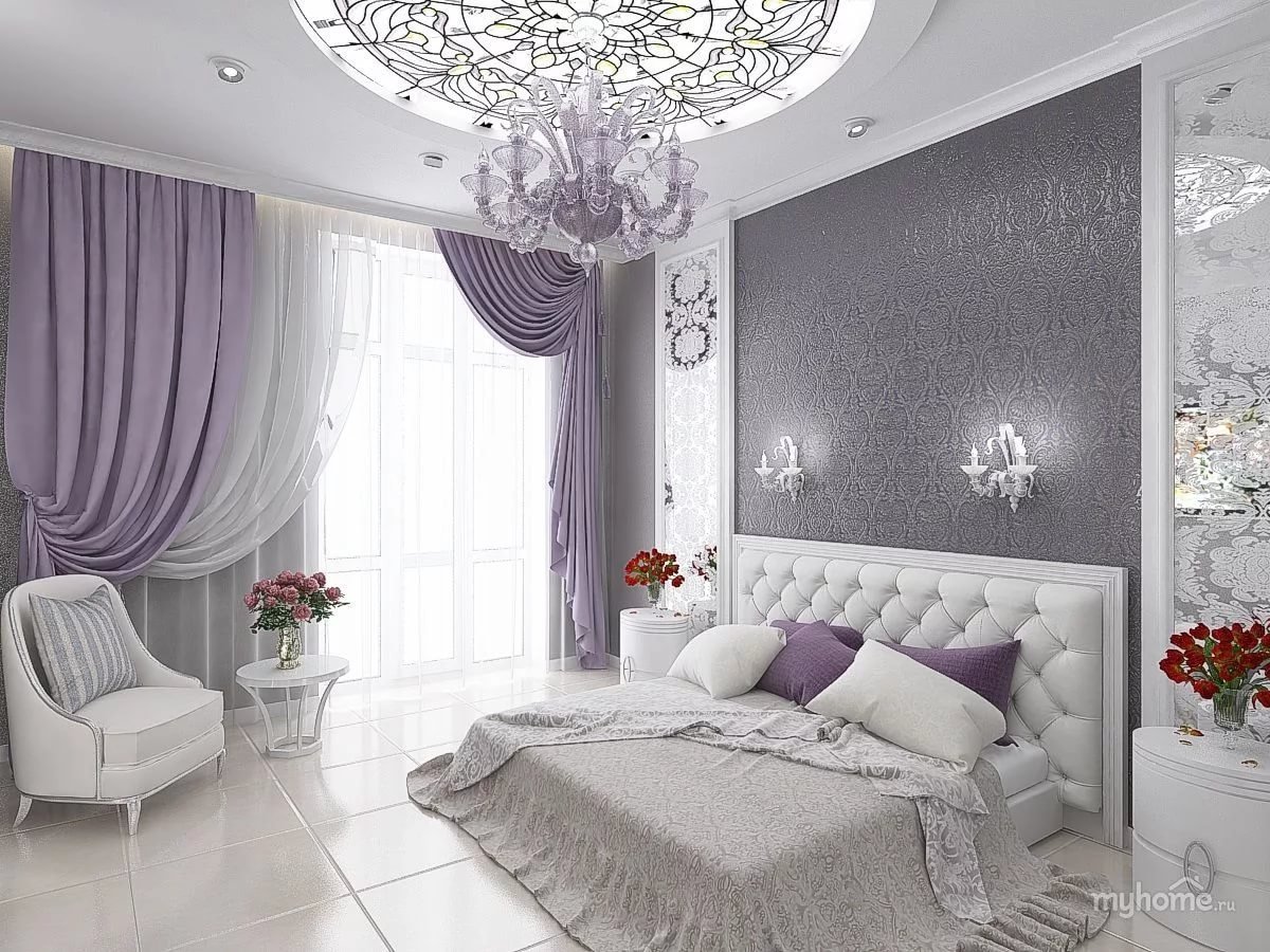 Спальня в серо сливовых тонах