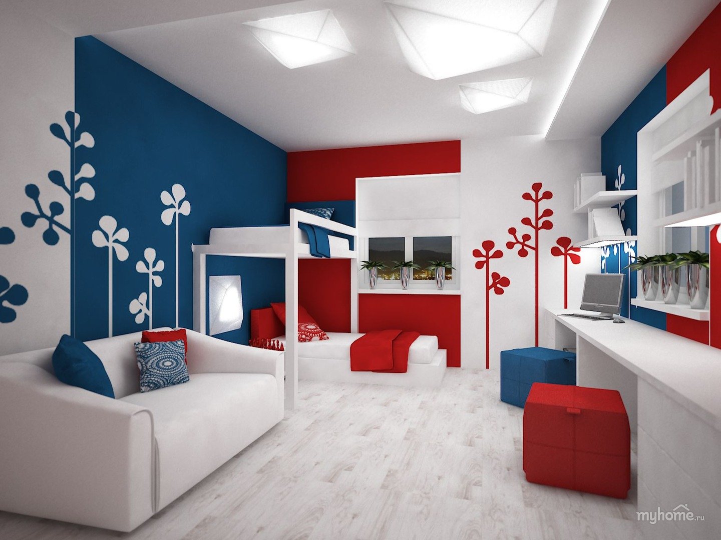 детская комната с красным диваном