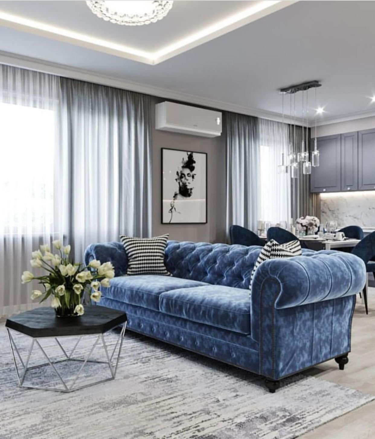 Синий диван в сером интерьере - 73 фото