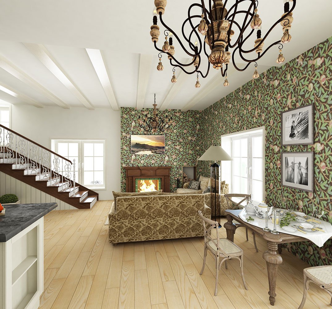 Обои в кухню-гостиную в частном доме