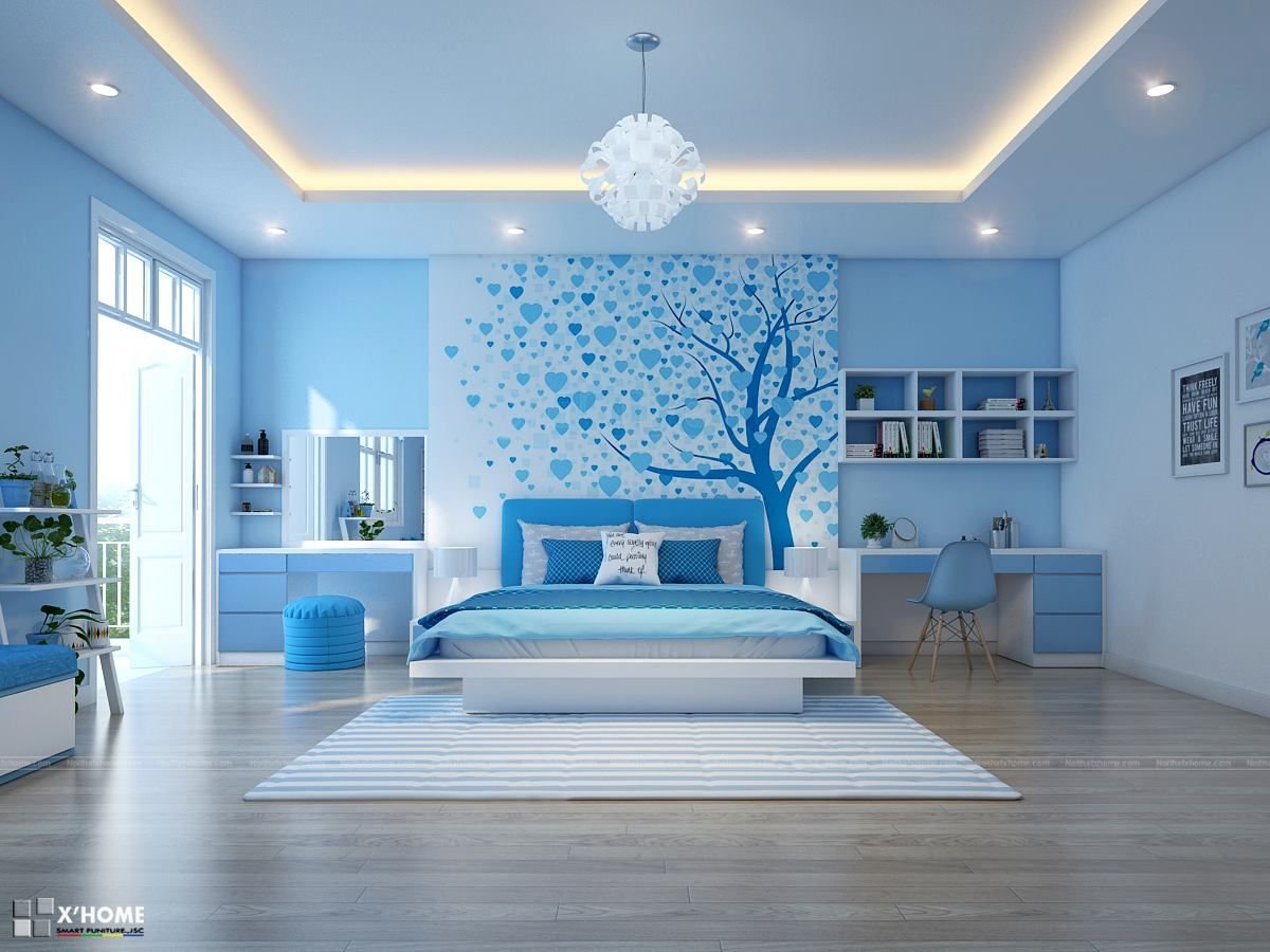 Бело голубая спальня в стиле аниме