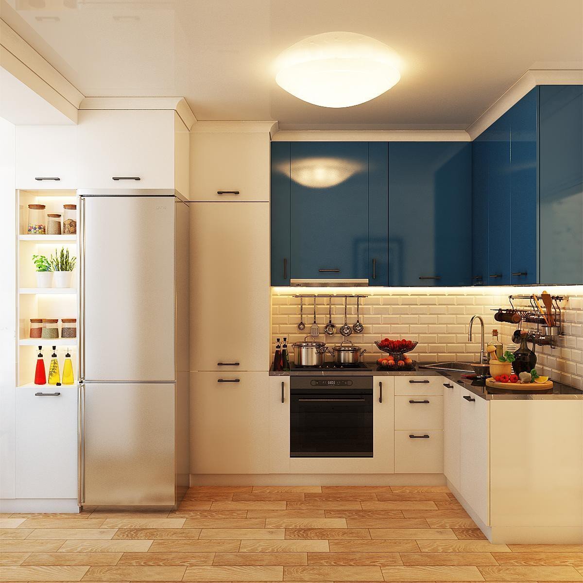 Дизайн белой кухни с бежевым холодильником (71 фото)
