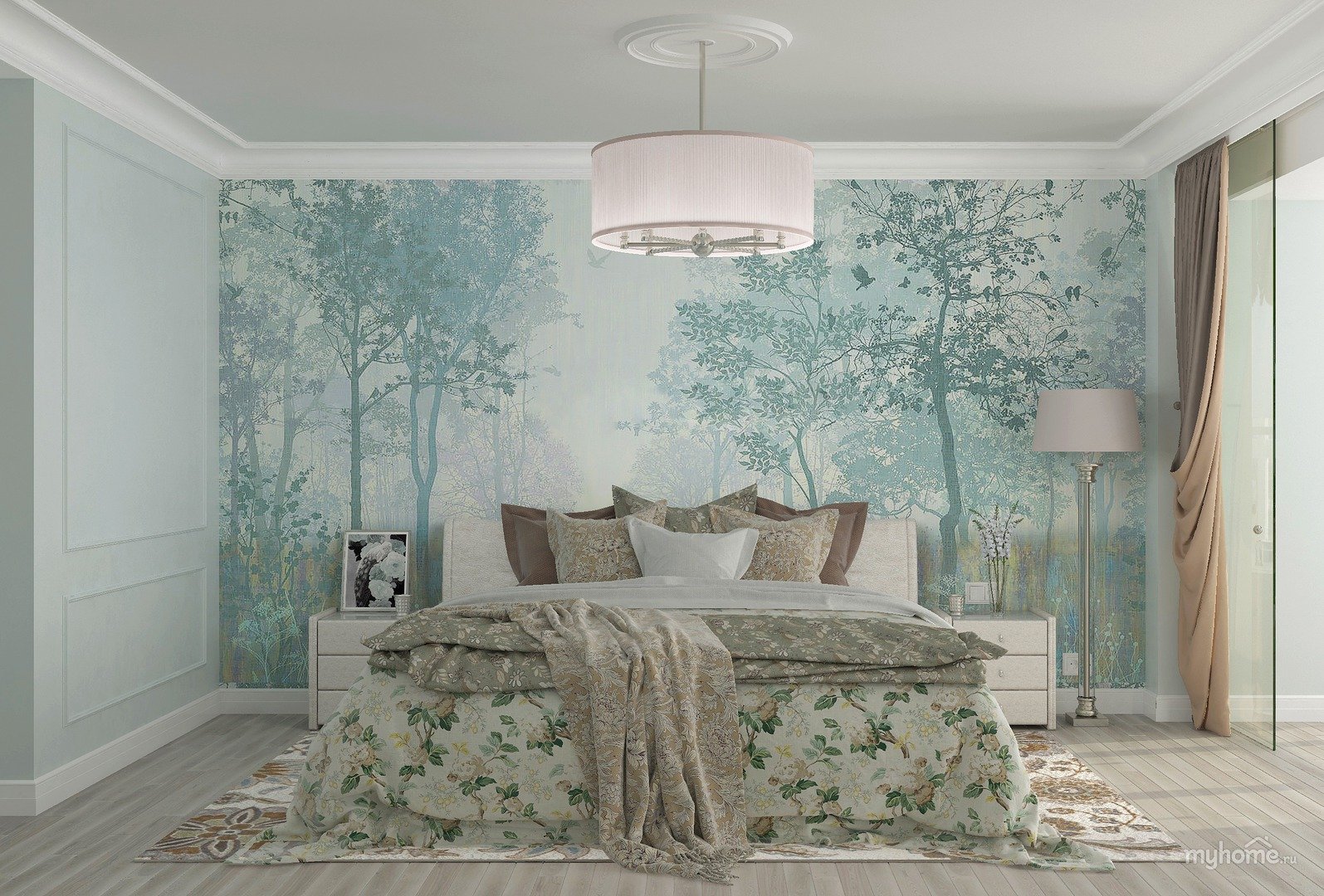 Фреска деревья в интерьере спальни