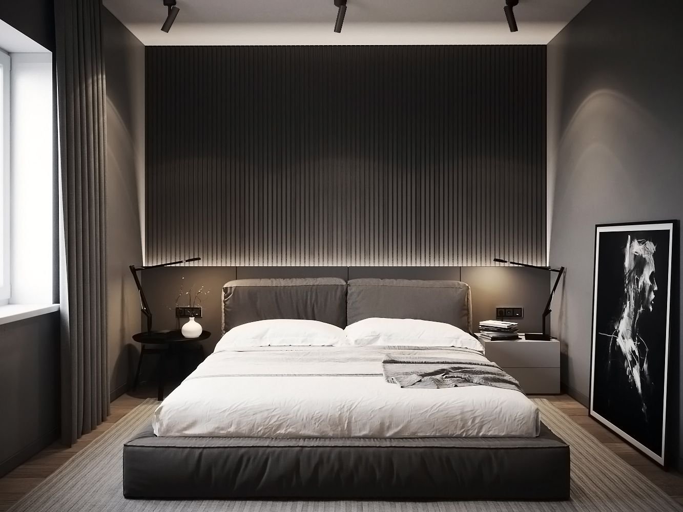 Интерьер спальни в темных тонах в современном стиле фото