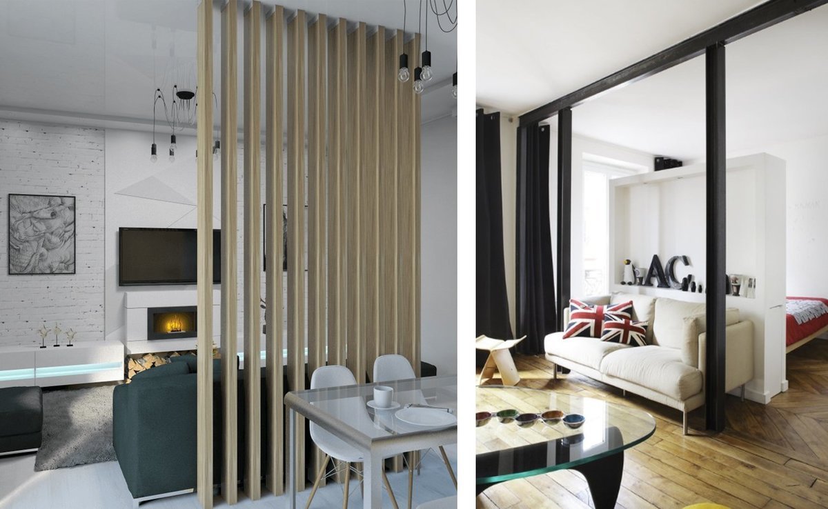 Перегородки для зонирования с рейками в спальне