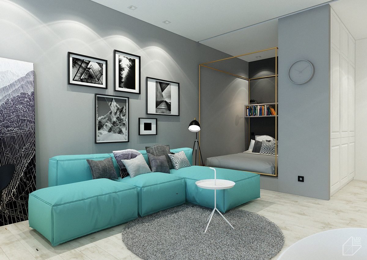 бирюзовый цвет дивана в интерьере гостиной