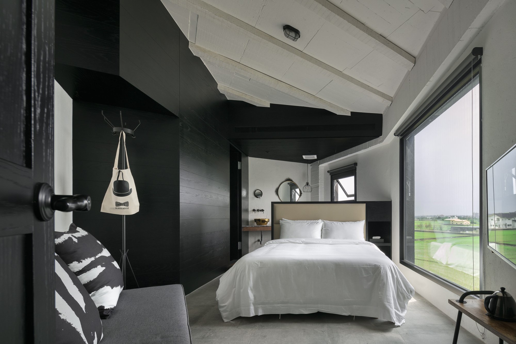 Wonder rooms. Black House looking from inside. Creative Black Hotel photo.