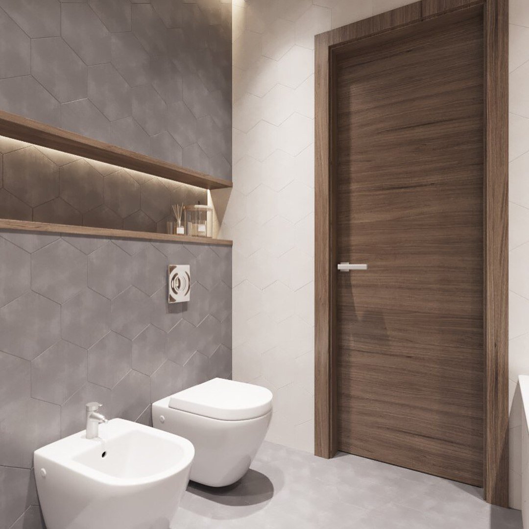 Серая дверь в ванную комнату