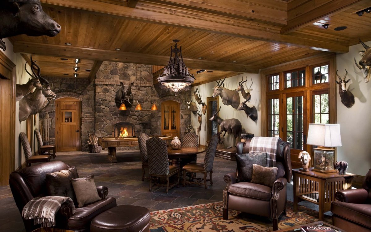 Стиль "охотничий дом" в интерьере гостинной