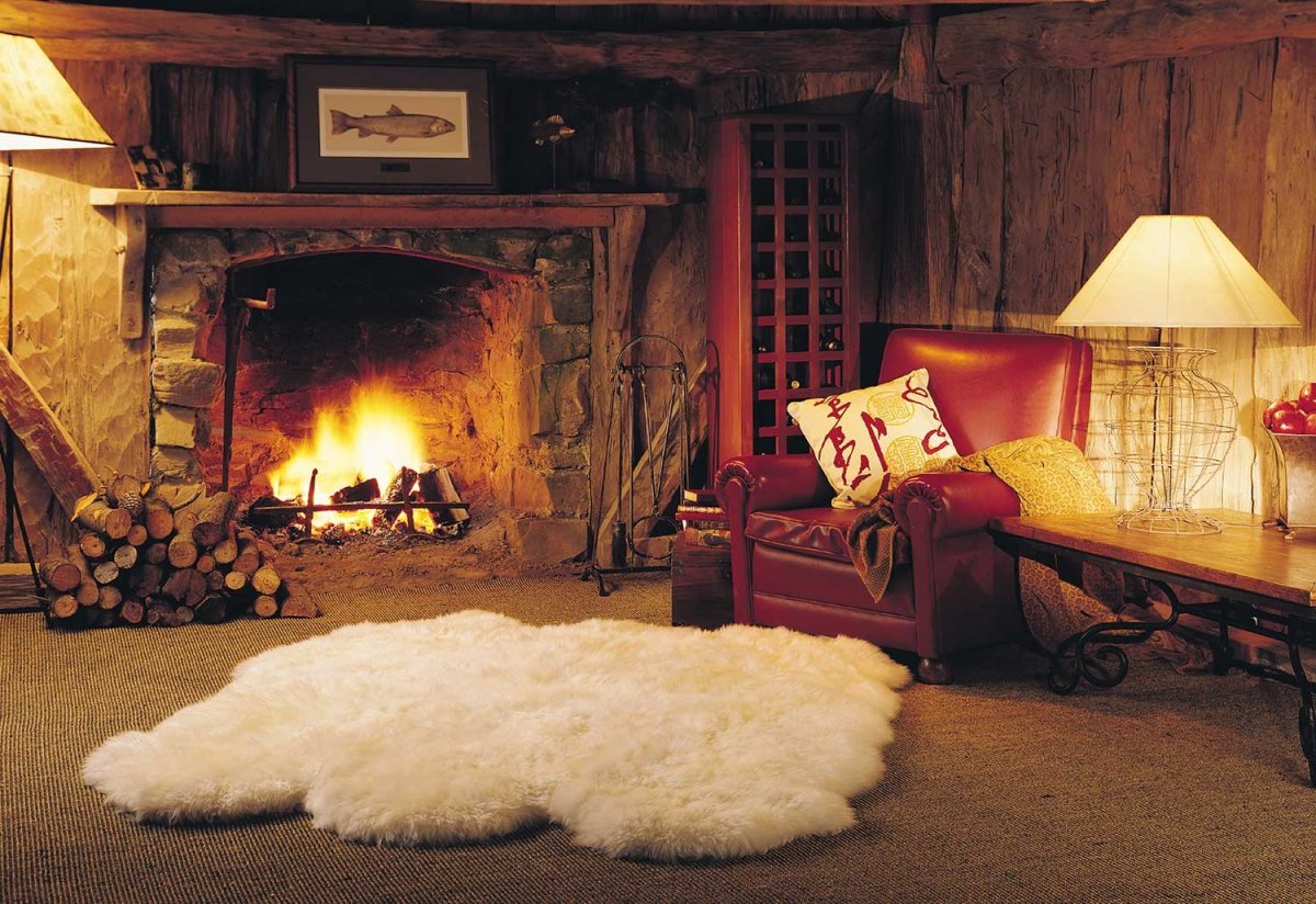 Уютный домик с камином и шкурами