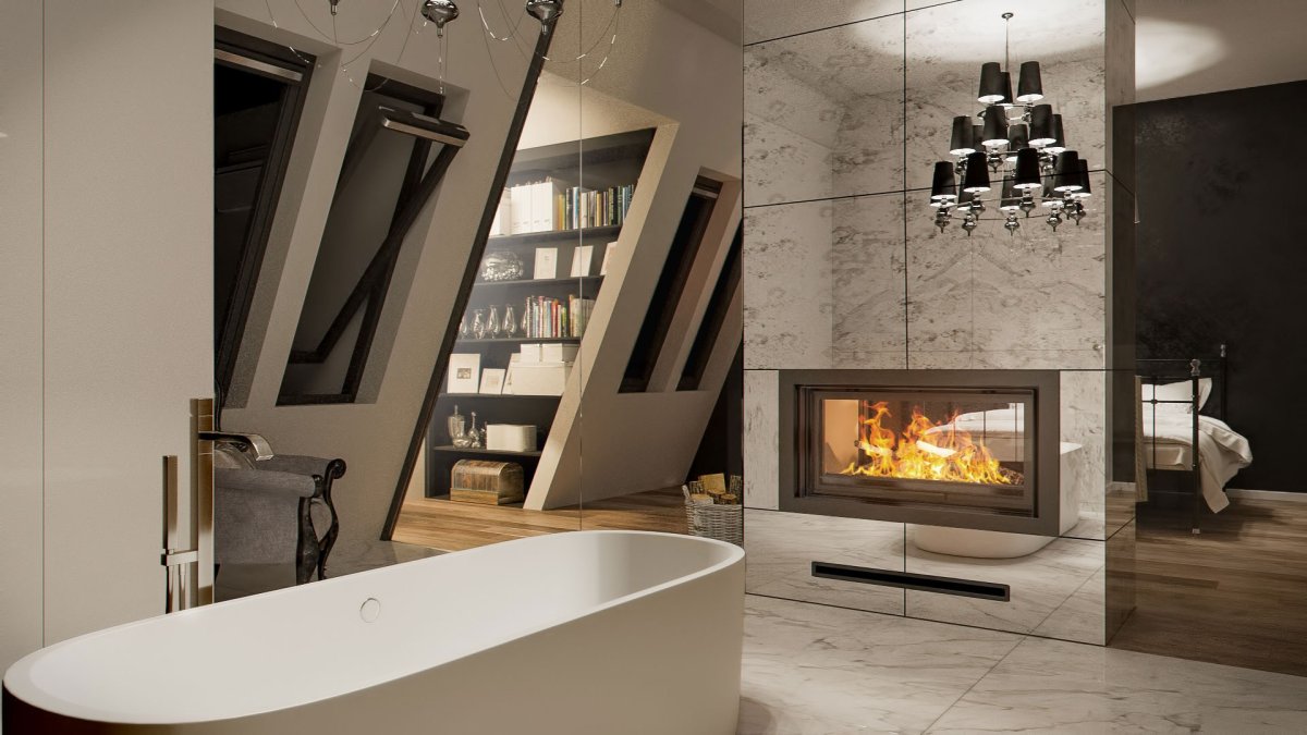 Угловой камин в стиле лофт