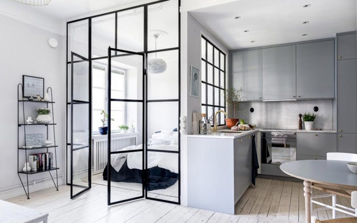 Зонирование студии перегородками в стиле лофт