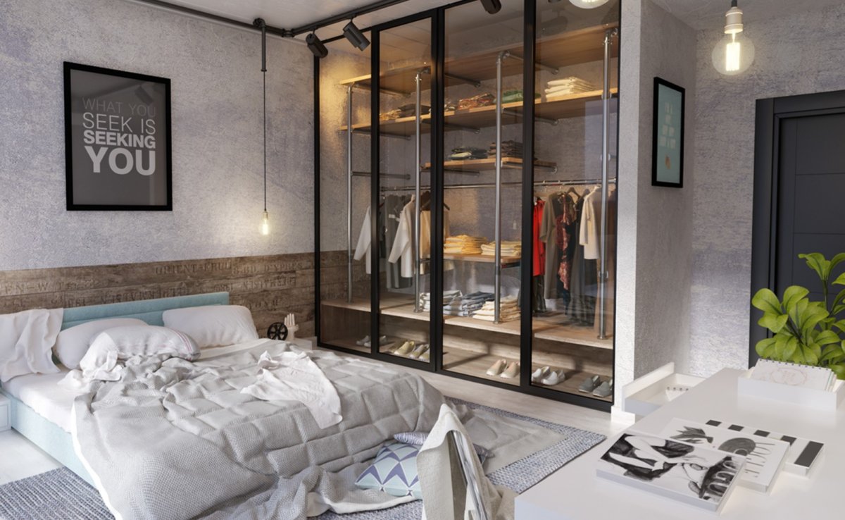 Гардеробная за стеклянной перегородкой