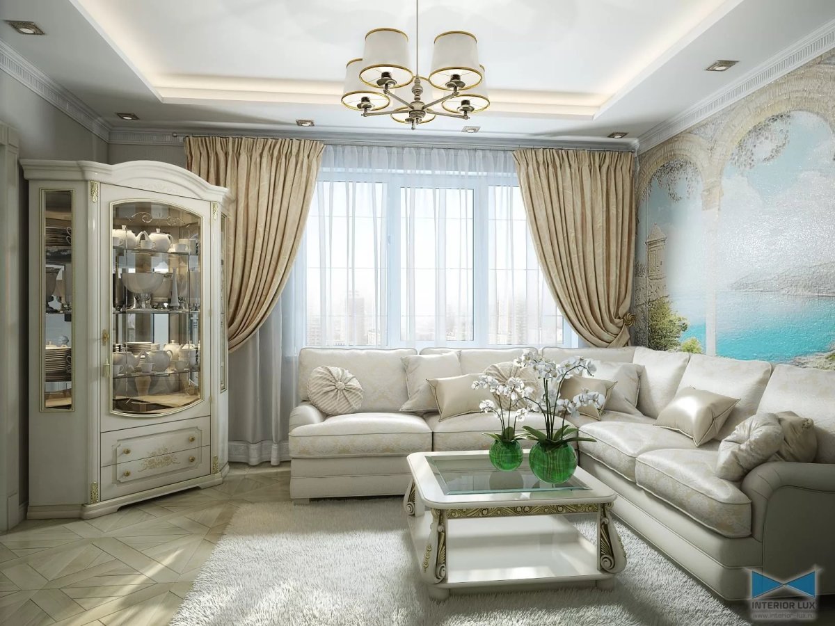 Красивый интерьер гостиной 20 м в классическом стиле