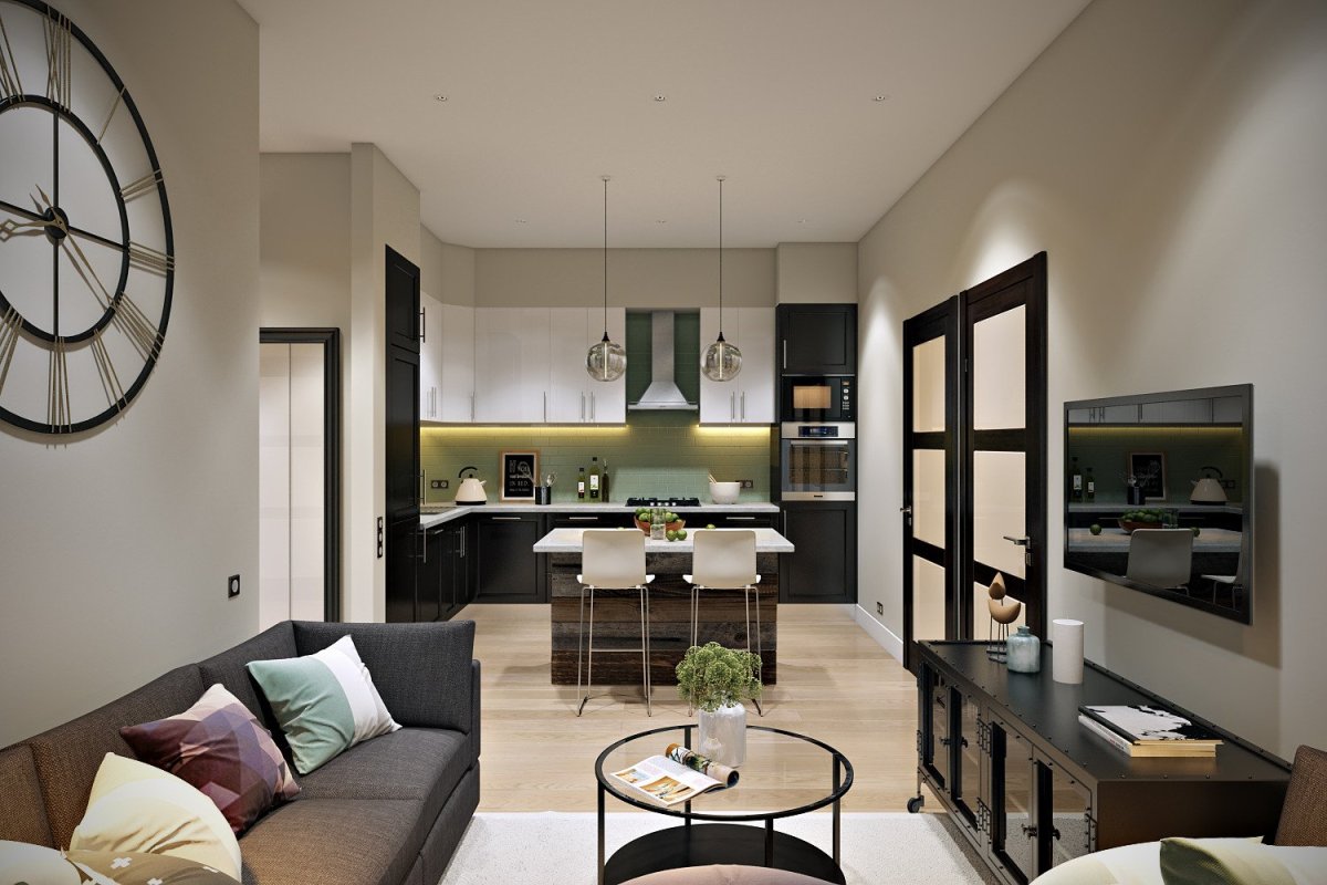 Проходная кухня гостиная