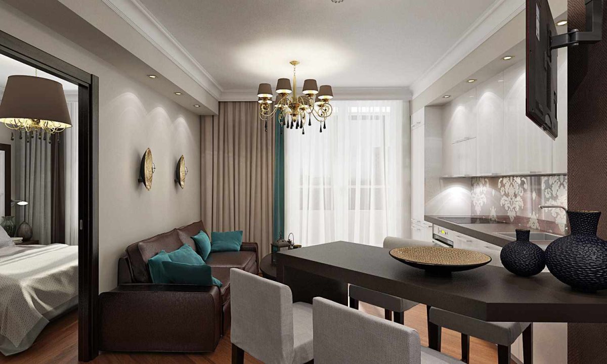 Интерьер проходной кухни гостиной