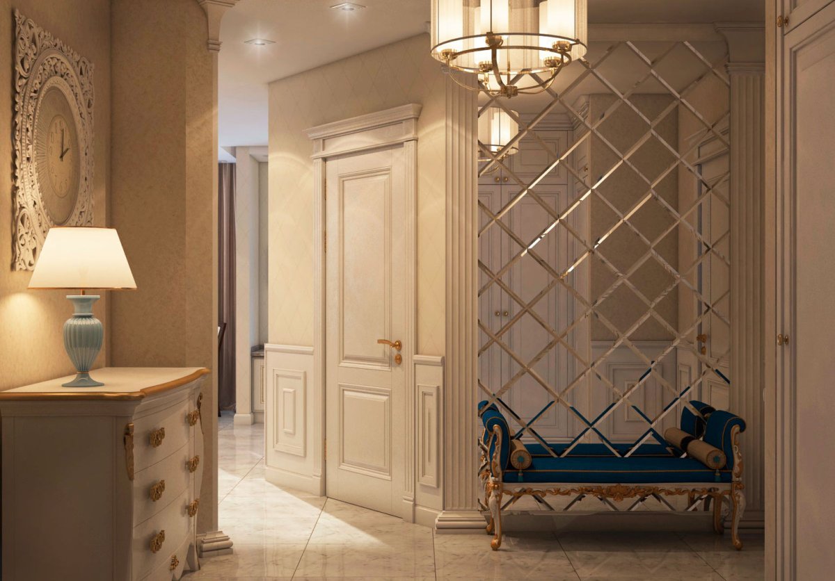 Прихожая с большим зеркалом на стене