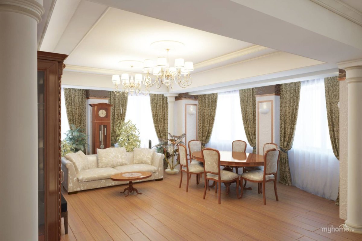 Интерьер гостиной в частном доме с тремя окнами