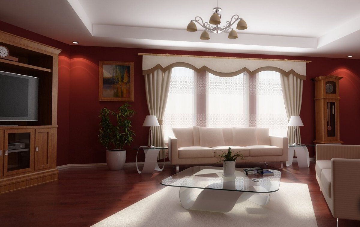 Гостиная в вишневых и белых тонах