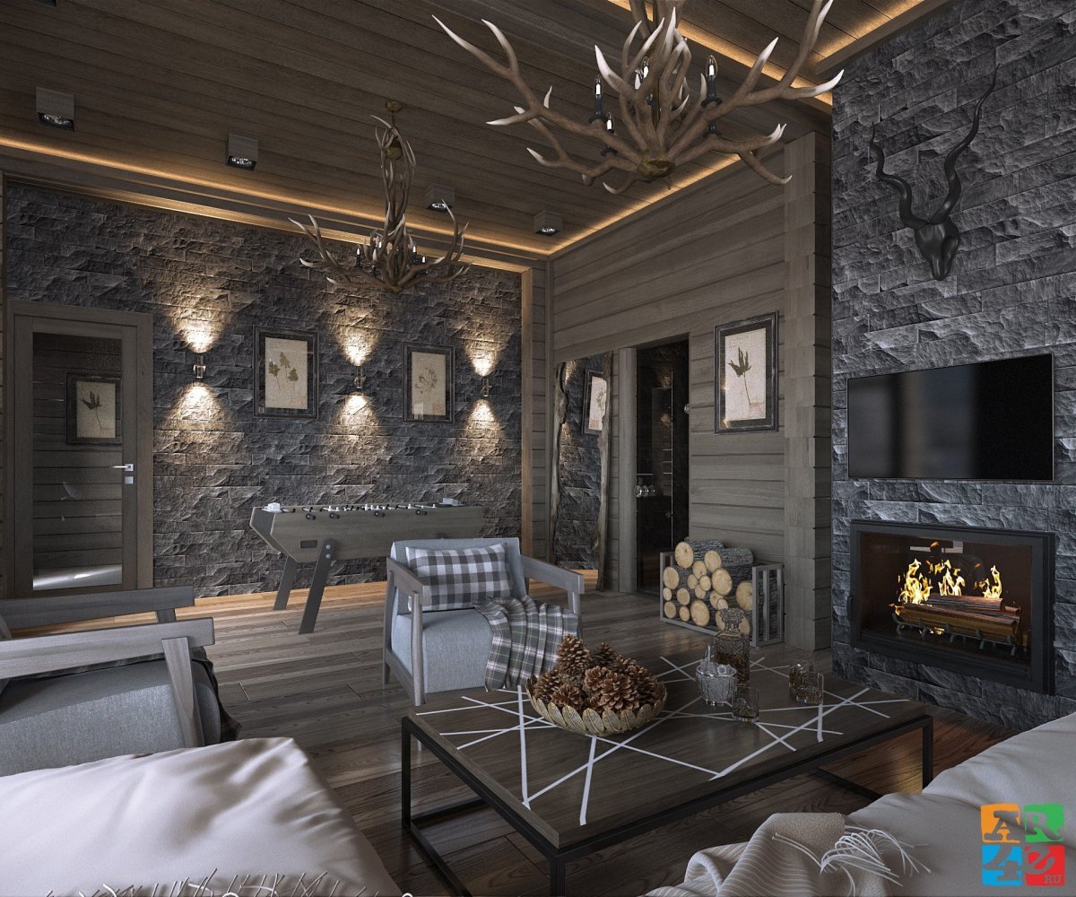 Каминная зона в стиле Шале