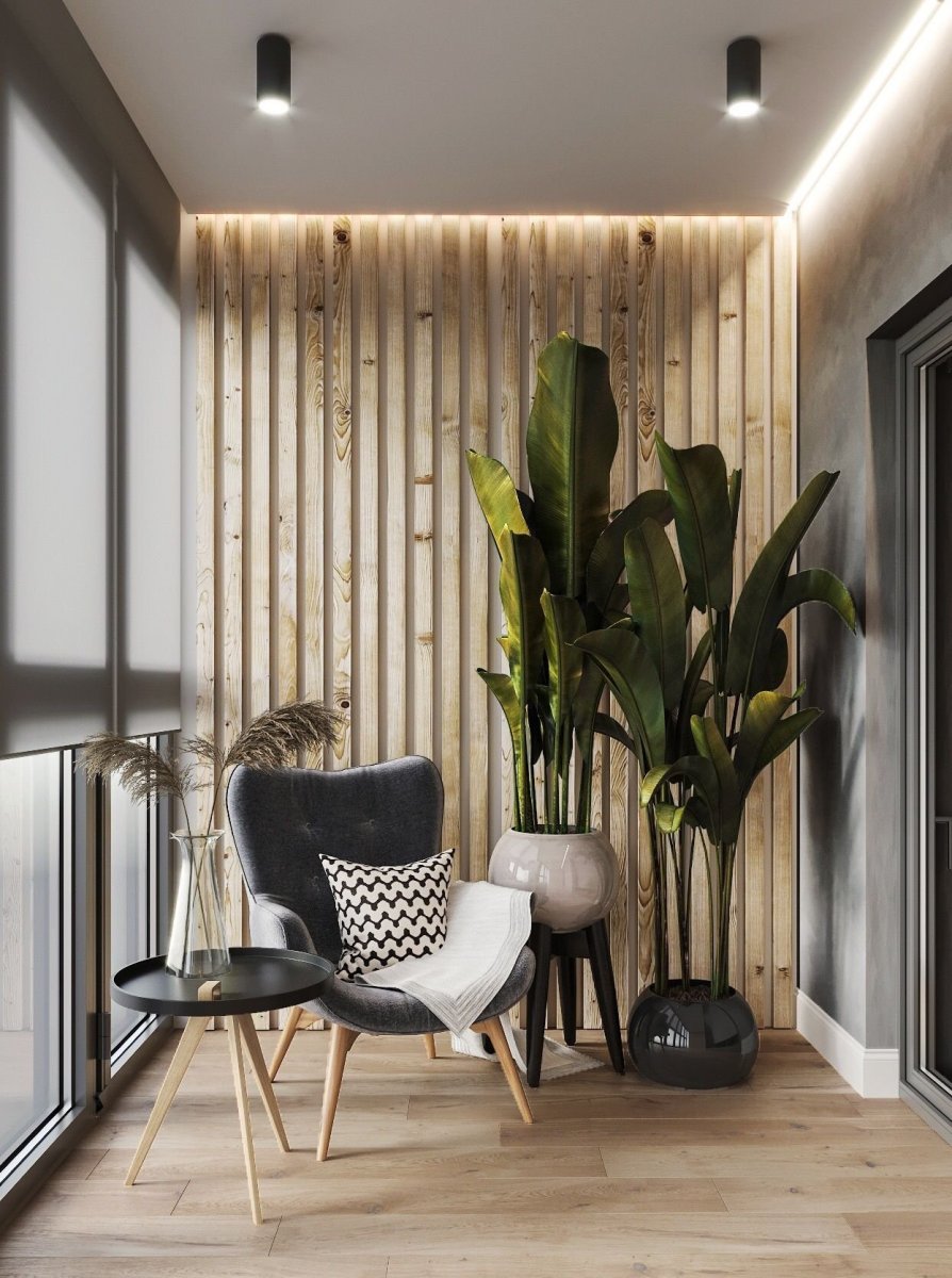 Лоджия песочный дизайн в интерьере с крест деревянными вставками