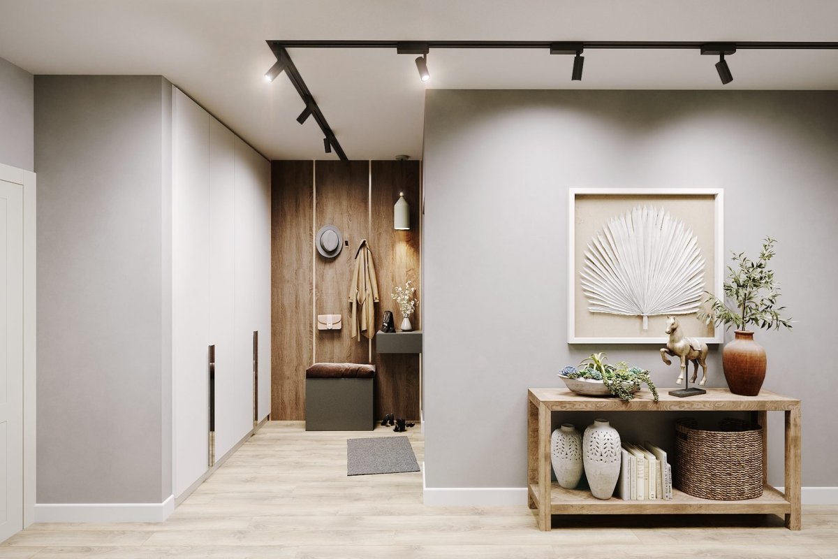 Прихожая с деревянными рейками