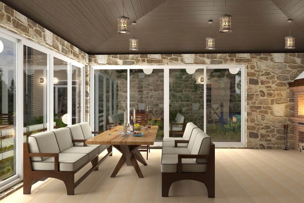 Веранда к дачному деревянному дому с панорамными окнами